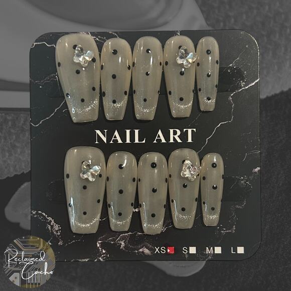 Translucent White and Black Polka Dot Long Coffin Nails - Size Extra Small (XS) - Picture 1 of 2